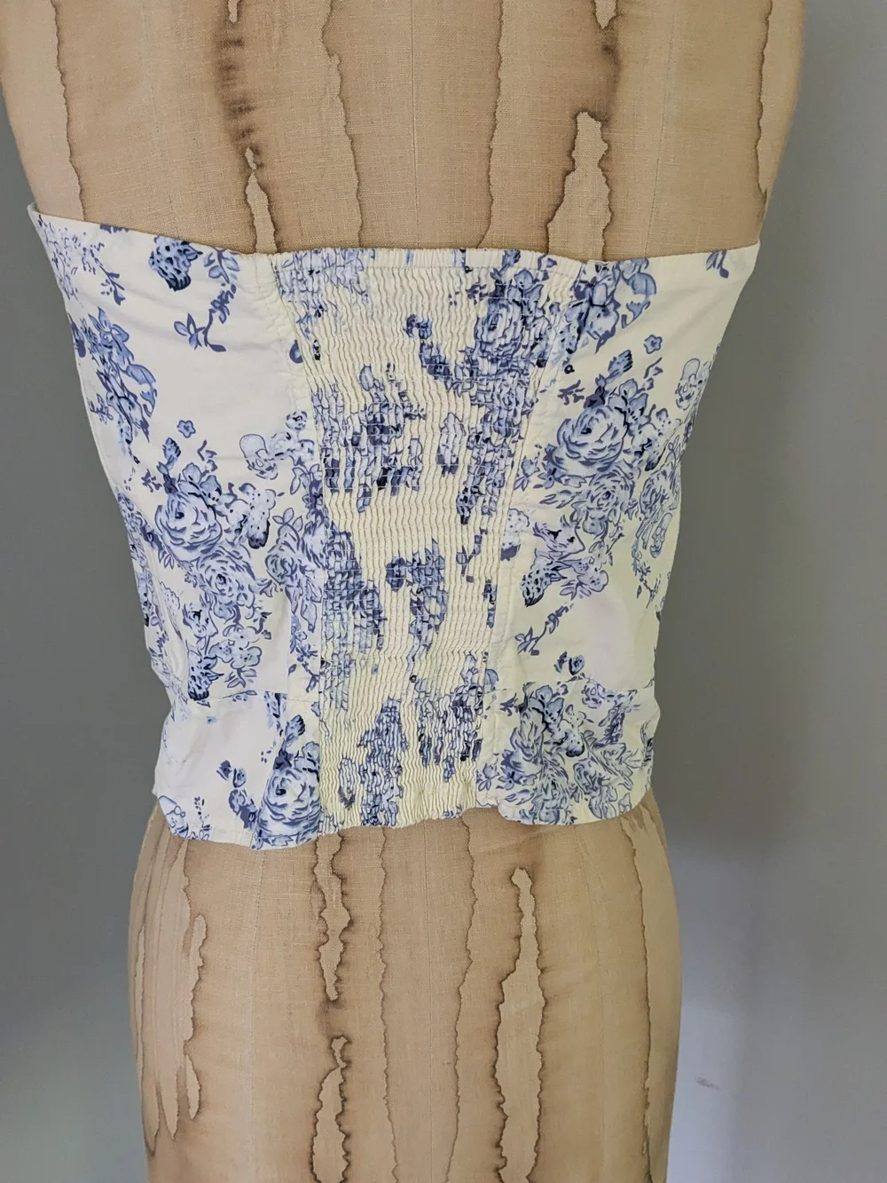 Floral Strapless Zip-Front Bustier Top - Blue on Cream